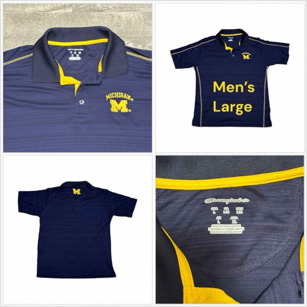 Mens Michigan Wolverines Champion Large Polo Shirt Navy Blue Yellow Embroidered